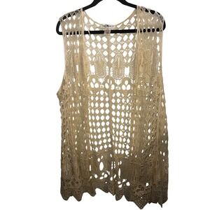 Vtg Y2K Cream Crochet Lace Open Front Vest Cardigan Boho Scalloped Hem 2X Cotton